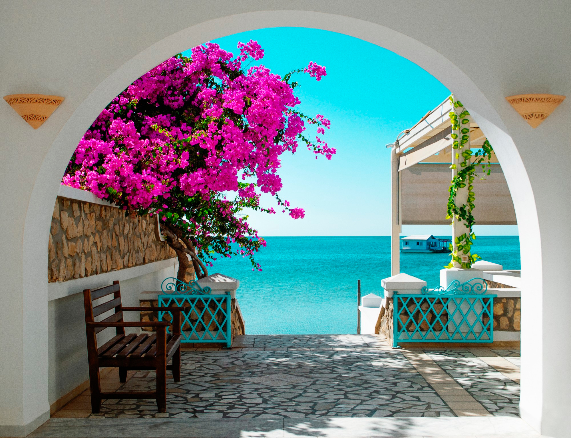 view-of-the-blue-sea-of-tunisia-through-white-archway-with-pink-blooming-flowers-in-the-foreground-in-the-distance-house-on-the-water